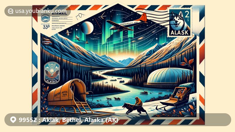 Modern illustration of Akiak, Alaska, portraying a postal theme with Kuskokwim River, northern lights, Yup'ik cultural symbols, dog sled team, vintage stamp, and antique mailbox.