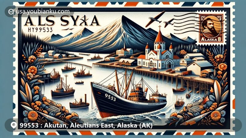 Creative illustration of Akutan fishing village in Aleutians East Borough, Alaska, incorporating the ZIP code 99553 and merging geographic and postal themes, featuring St. Alexander Nevsky Chapel, Trident Seafoods plant, and symbolic postal elements.