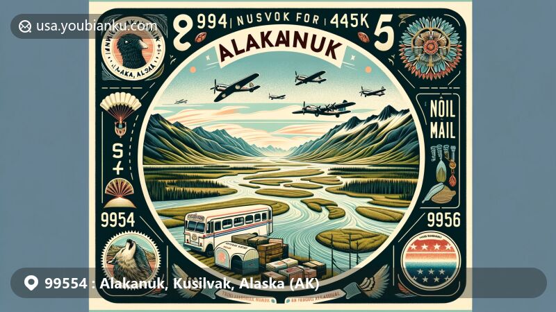 Modern illustration of Alakanuk, Alaska, showcasing the unique geographical location and postal elements of the area with traditional Yup’ik cultural symbols, vintage airmail envelope, and ZIP code 99554.