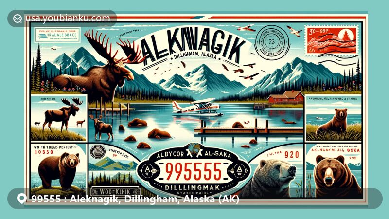 Modern illustration of Aleknagik, Dillingham area, Alaska, featuring ZIP code 99555, showcasing Lake Aleknagik, Wood-Tikchik State Park, moose, brown bears, walruses, Ahklun and Wood River Mountains.