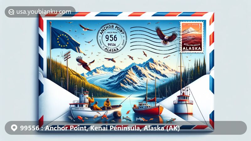 Modern illustration of Anchor Point area, Kenai Peninsula, Alaska, showcasing airmail envelope with Mt. Iliamna and Redoubt in background, highlighting fishing, wildlife, and Alaska state flag.