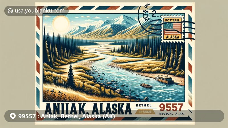 Vintage-style illustration of Aniak, Alaska (ZIP code 99557) on a postcard, featuring Kuskokwim River and treeless plains, blending modern design with nostalgia for travel postcards.