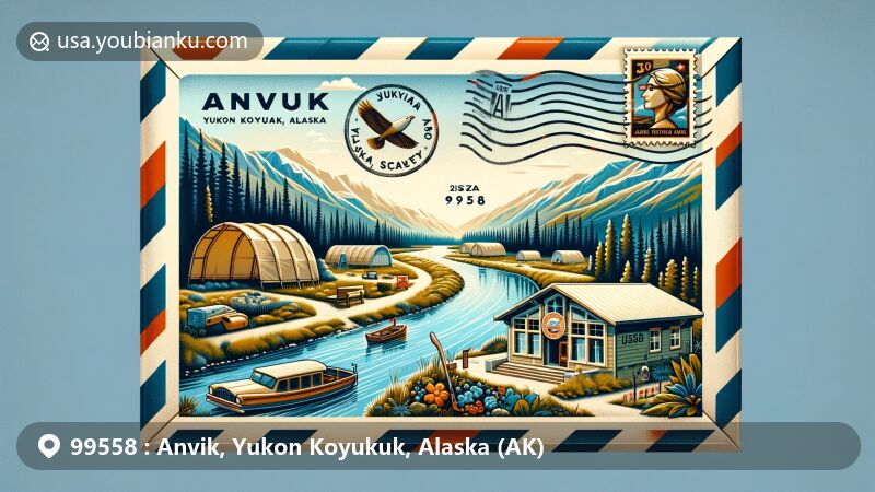 Modern illustration of Anvik, Yukon Koyukuk, Alaska (ZIP code 99558), blending natural scenery of the Yukon River and Deg Hit'an cultural elements with postal theme featuring the Anvik Historical Society Museum.