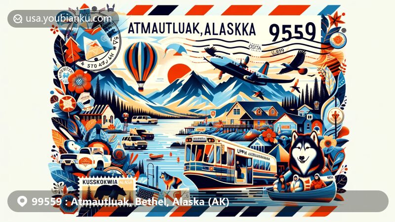 Modern illustration of Atmautluak, Alaska, depicting the ZIP Code 99559, showcasing the Pitmiktakik River, water features, and Yup'ik Eskimo culture, along with elements from Bethel like the Kuskokwim River, Kuskokwim 300 dogsled race, and Camai dance festival, with airmail theme and postal elements integrating the ZIP Code 99559.