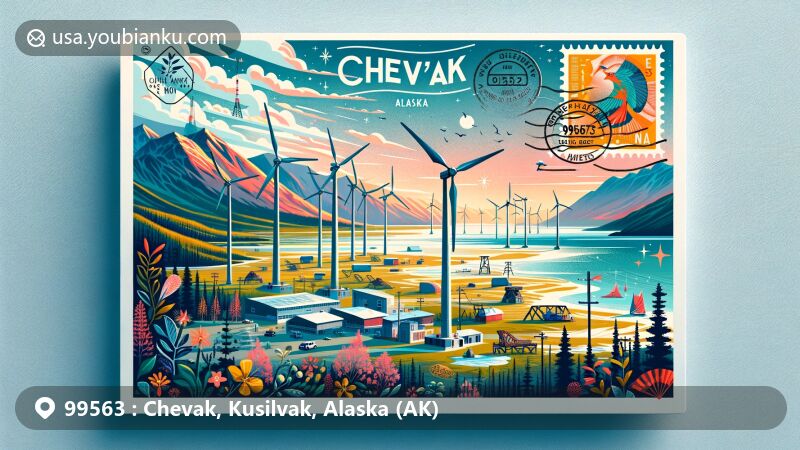 Artistic depiction of Chevak, Kusilvak Census Area, Alaska, featuring ZIP code 99563, showcasing local culture, nature connection, and wind energy sustainability efforts in the Yukon-Kuskokwim Delta near the Bering Sea.