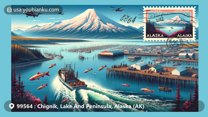 Modern illustration of Chignik, Alaska, highlighting its location on Anchorage Bay, surrounded by the dramatic landscape of Alaska Peninsula National Wildlife Refuge, featuring salmon fishing industry and vintage airmail envelope with ZIP Code 99564.