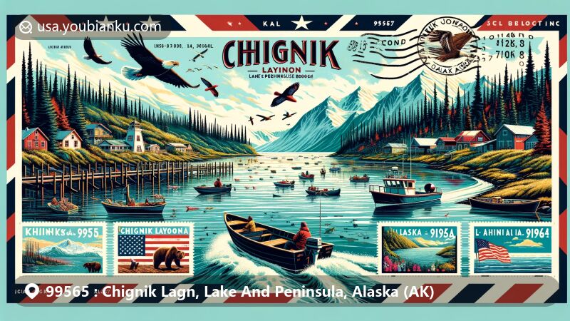 Modern illustration of Chignik Lagoon, Lake and Peninsula Borough, Alaska, featuring natural landscapes, Native heritage, and fishing community, with a vibrant postcard-style showcasing Alaskan wilderness and marine life.
