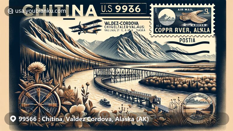 Modern illustration of Chitina, Valdez-Cordova, Alaska, showcasing postal theme with ZIP code 99566, featuring Million Dollar Bridge, Copper River, local flora, and historic landmarks.