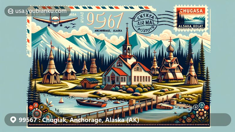 Modern illustration of Chugiak, Anchorage, Alaska, highlighting Eklutna Village Historic Park with spirit houses and St. Nicholas Orthodox Church, surrounded by snow-capped mountains and lush greenery, featuring postal elements like an air mail envelope and vintage postage stamp.