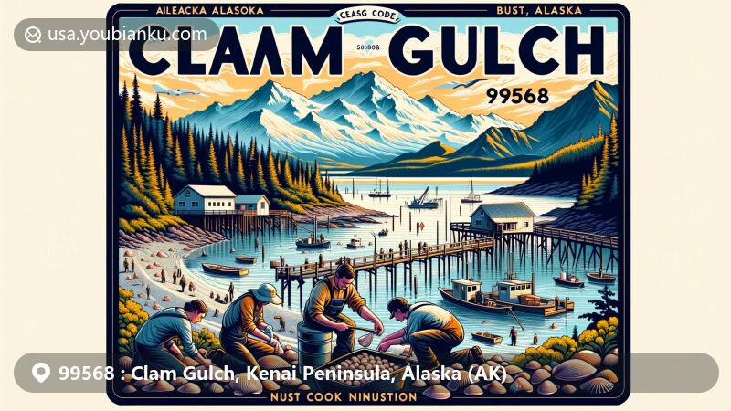 Modern illustration of Clam Gulch, Alaska, showcasing ZIP code 99568, featuring Aleutian Range with Mount Iliamna, Mount Redoubt, Mount Spurr, Clam Gulch State Recreation Area, clam digging, camping facilities, Sterling Highway, airmail envelope frame, Alaska state flag stamp, postmark '2024-03-01'.