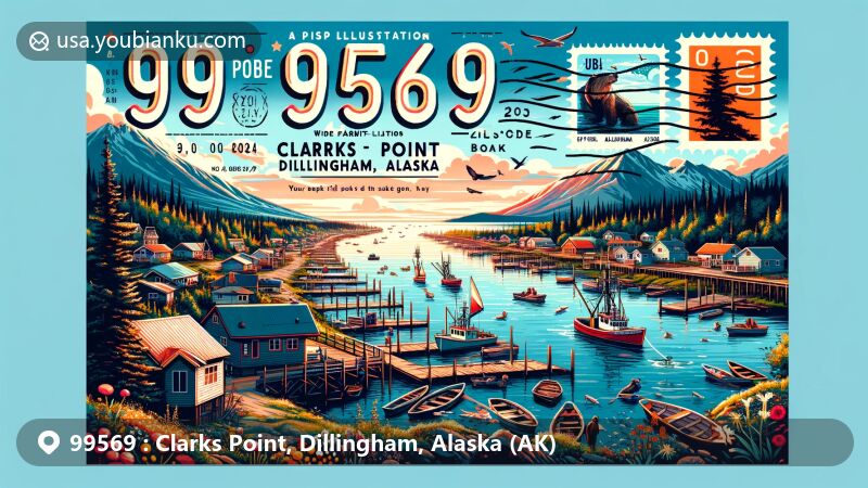 Modern illustration of Clarks Point, Alaska, showcasing scenic beauty and Yup'ik cultural heritage, featuring Nushagak River, fishing boats, and Alaskan wildlife, integrated with ZIP code 99569 and village name.