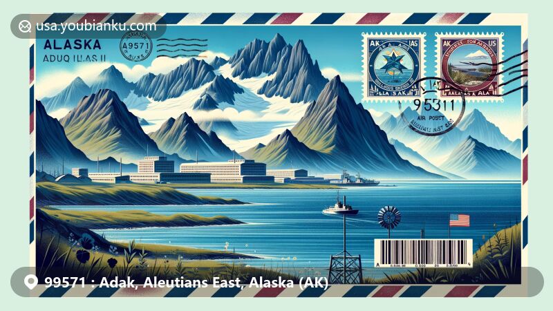 Modern illustration of Adak Island, Alaska, showcasing natural beauty with blue sea, mountains, airmail postcard design, Adak Army Base, and Adak Naval Operating Base symbols.