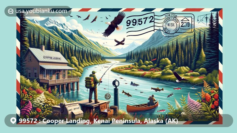 Scenic illustration of Cooper Landing, Alaska, featuring Kenai River, historic post office, fly fishing, salmon, bears, bald eagles, and a postal theme with ZIP code 99572, highlighting the region's rich history and outdoor activities.