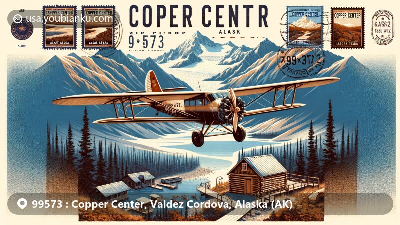 Modern illustration of Copper Center, Alaska, showcasing vintage aviation-themed envelope with iconic symbols of the area: confluence of Klutina and Copper Rivers, historic log cabin, Wrangell-St. Elias National Park. ZIP code 99573 prominently displayed.
