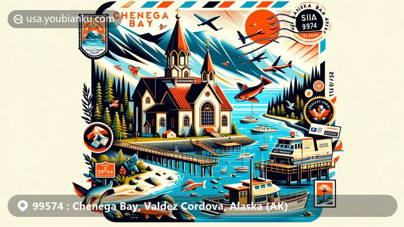 Modern illustration of Chenega Bay, Valdez Cordova, Alaska, capturing the area's geographical splendor and cultural heritage, featuring Prince William Sound, Evans Island, Russian Orthodox Church, small boat harbor, and postal motifs with ZIP code 99574.