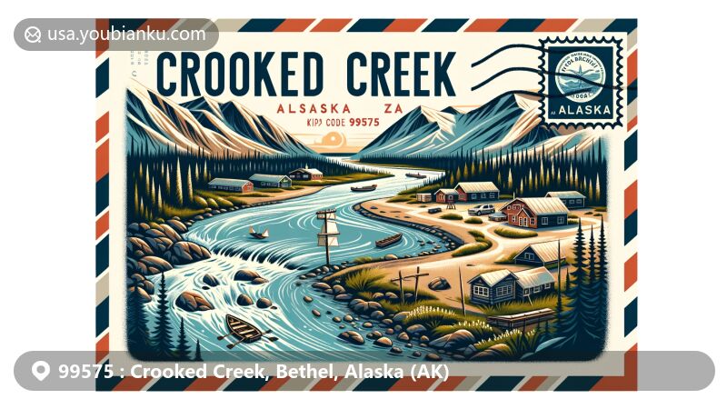 Modern illustration of Crooked Creek, Bethel Census Area, Alaska, highlighting the unique natural beauty, history, and culture of the area, featuring the Kuskokwim River mouth, Kuskokwim Mountains, and the mixed Yup’ik Eskimo and Ingalik Athabascan heritage.