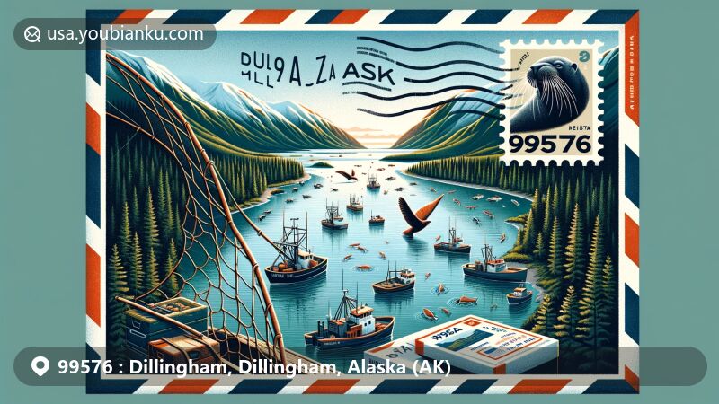 Modern illustration of Dillingham, Alaska, showcasing Nushagak Bay, Nushagak River, and commercial salmon fishing in Bristol Bay, with airmail envelope framing ZIP code 99576 and postal elements.