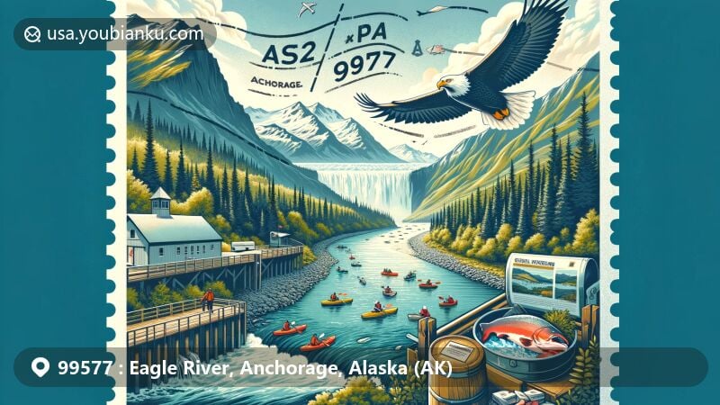 Modern illustration of Eagle River Nature Center in ZIP code 99577, Anchorage, Alaska, combining natural beauty, outdoor activities, and postal theme, featuring wildlife, river valley, and recreational opportunities.