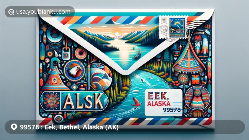 Modern illustration of Eek, Bethel County, Alaska, featuring air mail envelope design with Yup'ik cultural elements, Alaska state flag, and scenic Eek River view.