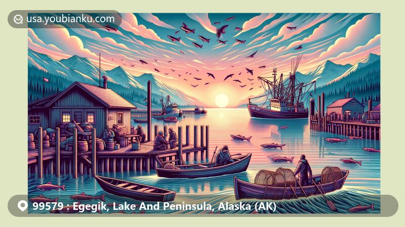 Vibrant illustration of Egegik, Alaska, highlighting the salmon fishing industry and traditional cultural elements, set against the backdrop of Bristol Bay's stunning natural scenery.