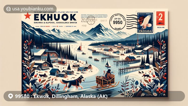 Modern illustration of Ekwok, Alaska, with ZIP code 99580, featuring Nushagak River, traditional dog sled, and postal elements, highlighting community's fishing and berry-picking heritage.