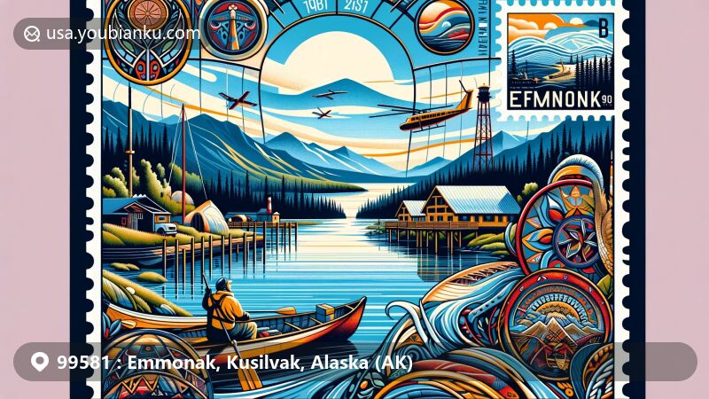 Modern illustration of Emmonak, Alaska, 99581, featuring the Yukon River, traditional Yup’ik culture, and iconic Alaskan wilderness elements.