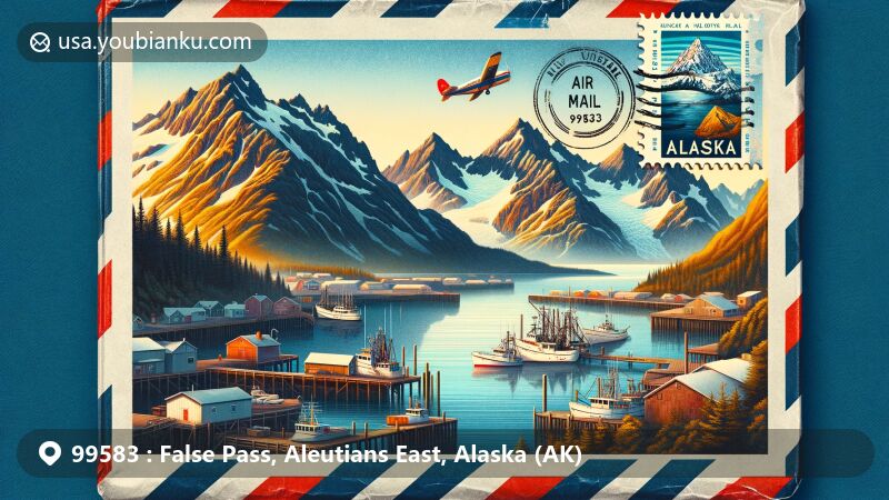 Modern illustration of False Pass, Alaska, featuring fishing village on Unimak Island with vintage-style air mail envelope, Isanotski Peaks stamp, ZIP code 99583, and Alaska state flag.