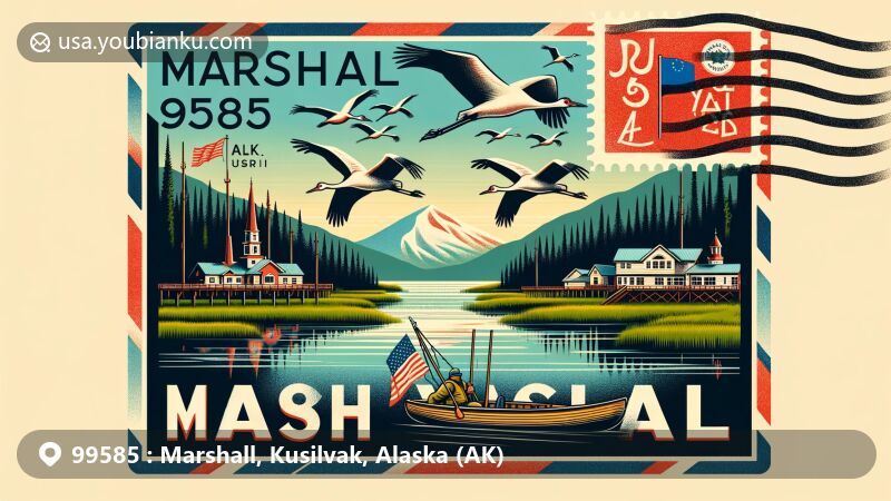 Modern illustration of Marshall, Alaska (ZIP code 99585) along the Yukon River, showcasing traditional Yup'ik kayak, Sand Hill Cranes, and Alaskan flag.