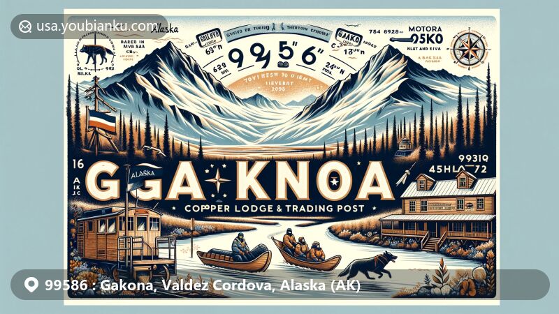 Illustration of Gakona, Alaska, capturing its natural beauty and cultural heritage, featuring the confluence of Copper and Gakona rivers, Gakona Lodge & Trading Post, Copper Basin 300 Dog Sled Race, and a mail envelope with Wrangell-St. Elias National Park stamp.