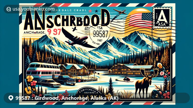 Modern illustration of Girdwood, Anchorage, Alaska, featuring Alyeska Ski Resort and Chugach Mountains, with Crow Creek Gold Mine nodding to local history. Includes wildlife like moose or bears, and a vibrant postcard design with Alaska state flag and postal elements.