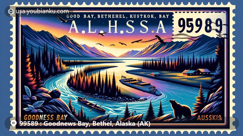 Modern illustration of Goodnews Bay, Bethel County, Alaska, showcasing postal theme with ZIP code 99589, highlighting the Goodnews River mouth, Kuskokwim Bay embayment, Alaska's natural beauty, and Yup’ik community culture.