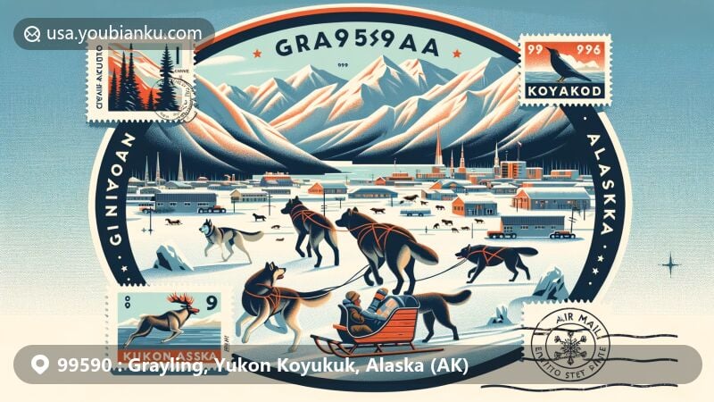 Modern illustration of Grayling, Alaska, showcasing Iditarod Trail checkpoint with sled dogs and musher, set in snowy Yukon-Koyukuk Census Area. Includes Koyukuk National Wildlife Refuge wildlife like moose, bears, wolves, and Arctic grayling fish in air mail envelope with themed stamps.
