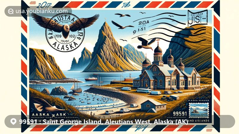 Modern illustration of Saint George Island, Alaska, featuring famous cliffs, Saint George Russian Orthodox Church, and airmail envelope with ZIP code 99591, blending natural beauty, cultural heritage, and postal elements.