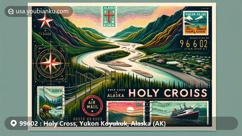 Modern illustration of Holy Cross, Yukon Koyukuk, Alaska, presenting a creative postcard design with Alaska map outline and state flag, highlighting key features of the region and postal elements.