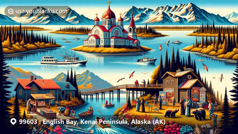 Modern illustration of ZIP code 99603, representing English Bay, Kenai Peninsula, Alaska, showcasing Russian and Sugpiaq heritage with a Russian Orthodox church, featuring outdoor activities like hiking and fishing, against the backdrop of Kenai Mountains.