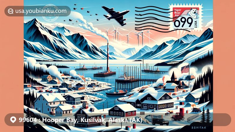 Modern illustration of Hooper Bay, Alaska, capturing the town's unique geography and cultural heritage with snow-covered mountains, fjords, and coastal views of the Arctic Ocean, featuring Yup'ik cultural symbols and wind turbines blending modernity with nature.