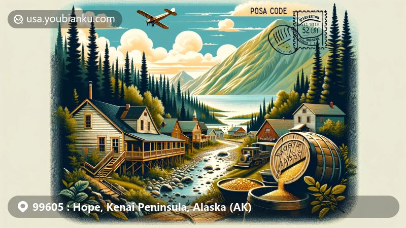 Modern illustration of Resurrection Creek, Hope, Alaska, showcasing historical gold rush town vibes with elements like old log buildings, green Kenai Peninsula scenery, gold panning, and the iconic creek. Includes postal theme with vintage air mail envelope and Alaska state flag stamp.