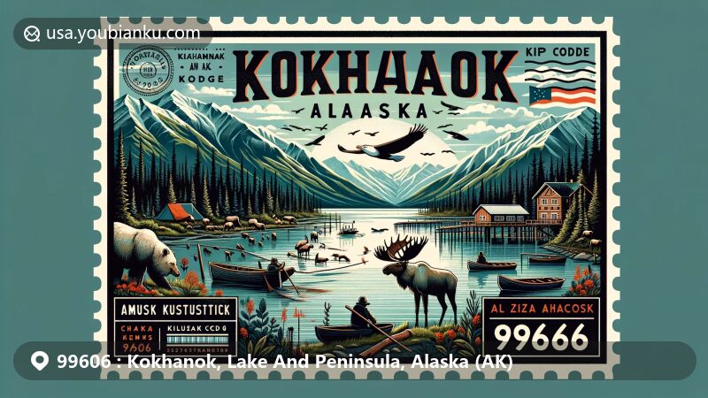 Modern illustration of Kokhanok, Lake And Peninsula, Alaska, celebrating ZIP code 99606, showcasing Iliamna Lake, fishing, hunting, caribou, moose, and Alaska Native culture within vintage air mail envelope.