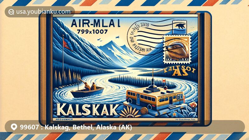 Modern illustration of Kalskag, Alaska, featuring a creative blend of postal elements like ZIP code 99607, Kuskokwim River stamp, 'Kalskag, AK' postmark, and Alaska state flag, with a touch of Yupiit Piciryarait Cultural Center.