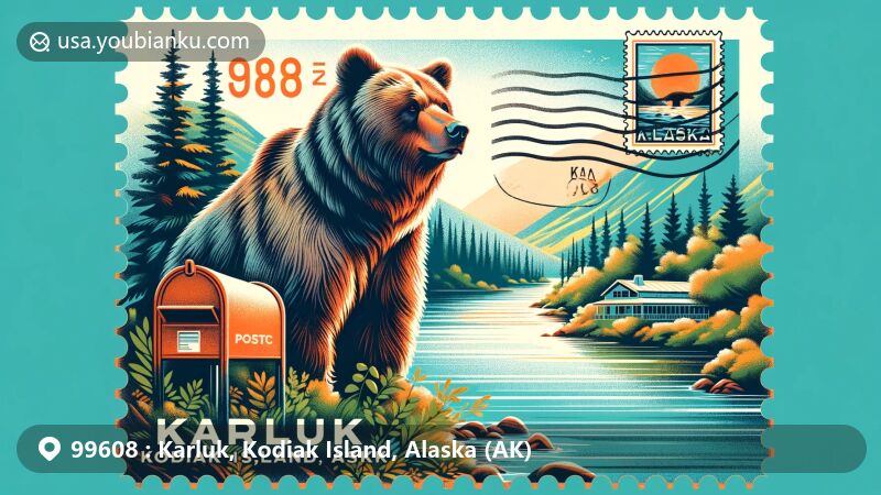 Modern illustration of Karluk, Kodiak Island, Alaska, showcasing wildlife and natural beauty, focusing on Kodiak brown bear and Karluk Lake scenery, with postal stamp theme.