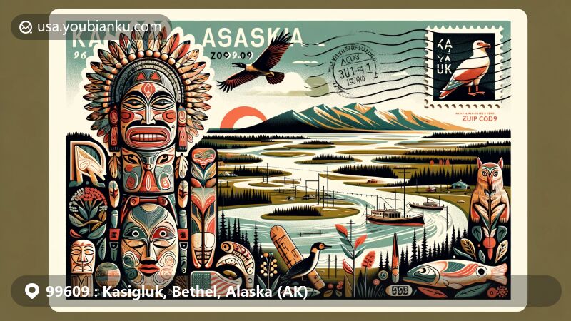 Modern illustration of Kasigluk, Bethel, Alaska, showcasing traditional Yup'ik masks and carvings against the backdrop of the Yukon-Kuskokwim Delta's rivers and wetlands, blending culture and nature.
