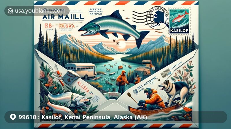 Vibrant illustration of Kasilof, Alaska, in an air mail envelope, featuring the Kasilof River, salmon, dog sledding symbols, and the Kenai Peninsula map pinpointing Kasilof surrounded by Alaskan landscapes.