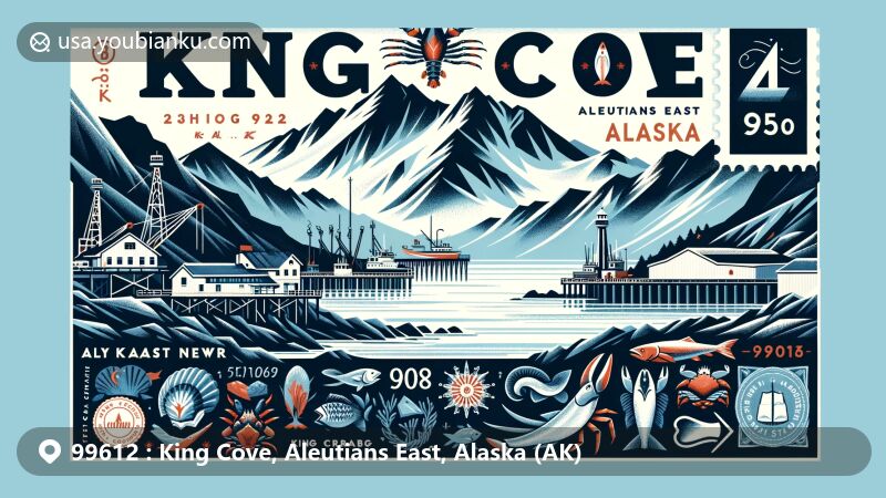 Modern illustration of King Cove, Aleutians East, Alaska, showcasing a postcard design with local economic symbols like King Crab and salmon, featuring Peter Pan Seafoods facility and Aleutian cultural elements.