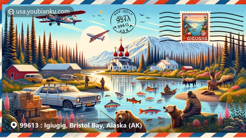 Modern illustration of Igiugig, Alaska, showcasing the unique geographical features including Kvichak River flowing from Lake Iliamna, abundant wildlife like trophy rainbow trout, red salmon, caribou, and brown bears, as well as traditional ways of life such as fishing, hunting, and berry picking. Set in a postal theme resembling an airmail envelope with red and blue stripes, incorporating elements like 'Igiugig, AK 99613' postmark, vintage stamp featuring St. Nicholas Russian Orthodox Church, and a small plane symbolizing remote transportation in the region. Vibrant and captivating color scheme depicting the beauty and uniqueness of Igiugig's natural environment and culture, perfect for showcasing the 99613 postal code on a webpage.