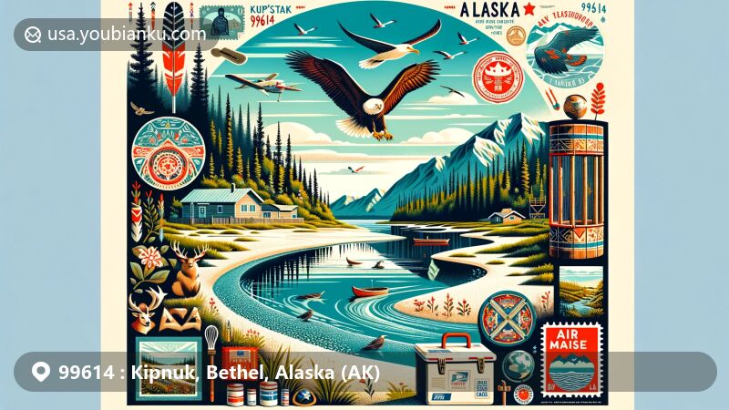 Modern illustration of Kipnuk, Alaska, showcasing coastal beauty, Yup'ik Eskimo cultural symbols, Alaskan wilderness, Kipnuk Beach, and native wildlife at Quanautchaurvik Creek, integrated with postal theme and ZIP code 99614.