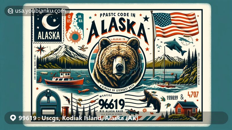 Modern illustration of Kodiak Island, Alaska, showcasing postal theme with ZIP code 99619, featuring natural scenery, wildlife like brown bear, fishing boat representing fishing industry, Alaska state flag, postmark, and mailbox.