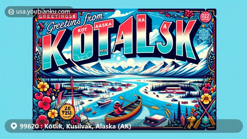 Modern illustration of Kotlik, Alaska, showcasing postal theme with ZIP code 99620, featuring Yukon-Kuskokwim Delta scenery and traditional Yup'ik culture symbols.
