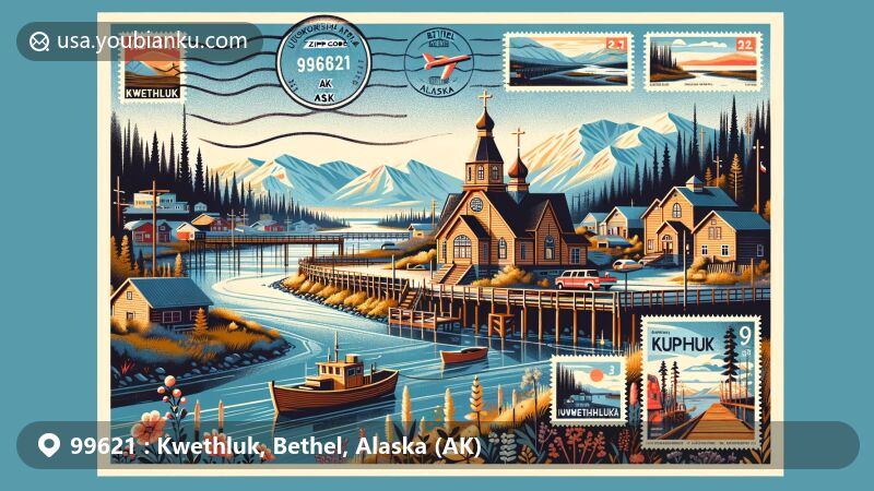 Modern illustration of Kwethluk, Bethel Census Area, Alaska, showcasing postal theme with ZIP code 99621, featuring confluence of Kuskokwim and Kwethluk rivers, Yup'ik village, and St. Nicholas Russian Orthodox Church.