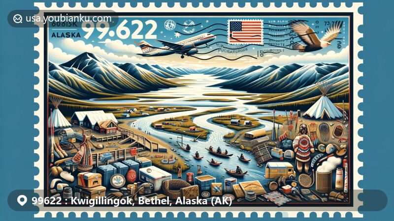 Modern illustration of Kwigillingok area in Alaska, representing ZIP code 99622, blending local Yup'ik culture and natural beauty with scenic aerial view, traditional Yup'ik elements, and airmail envelope motif.
