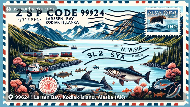 Modern illustration of Larsen Bay, Kodiak Island, Alaska, featuring rugged mountains, pristine waterways, abundant fishing industry, and wildlife like Pacific salmon, halibut, possibly otters or seals. Background showcases stunning natural beauty of Larsen Bay with picturesque mountains. Foreground displays a postcard or envelope with postal elements such as stamps, postmarks, and prominent ZIP code 99624.